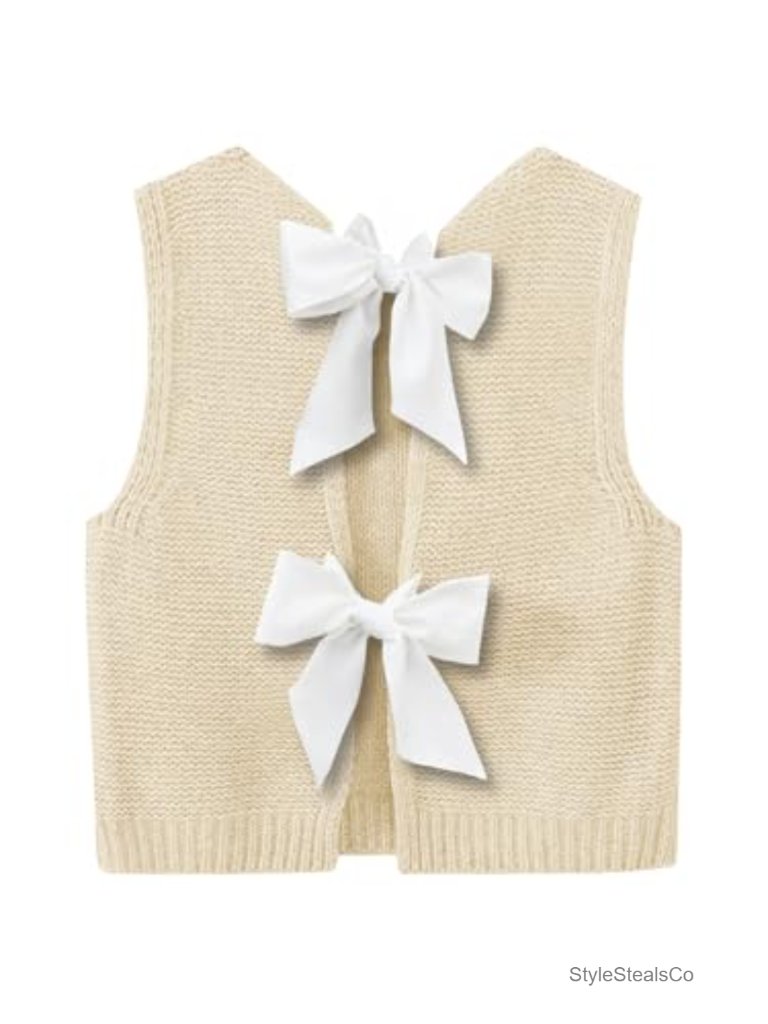 Bow Tie Back Knit Crop Tank Top Sleeveless Summer Sweater Vest